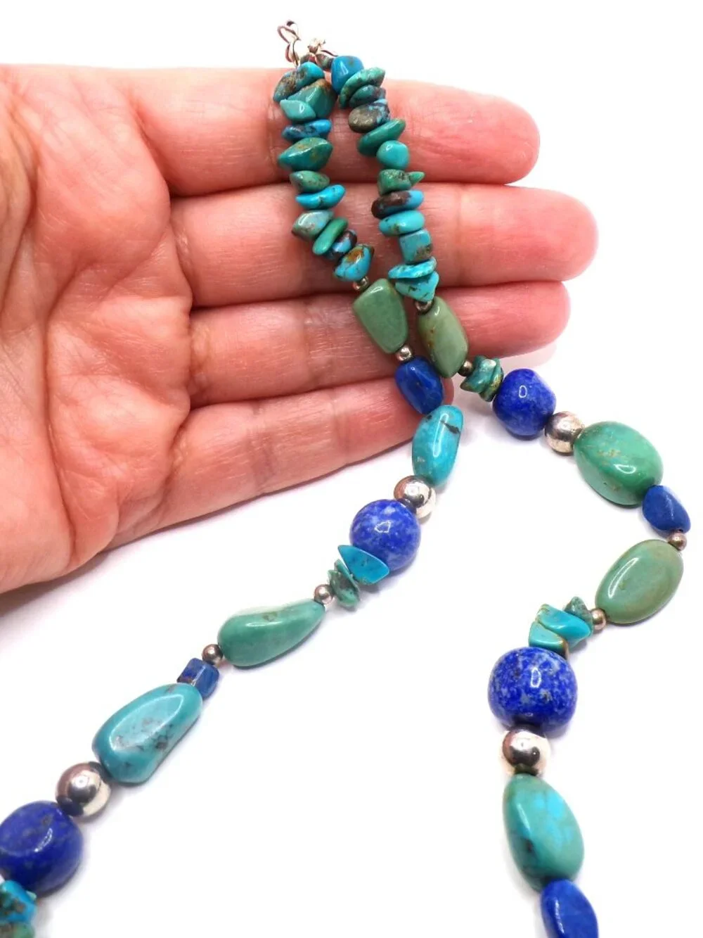 Free-Form Turquoise & Lapis Necklace – Sterling Silver Beads & Clasp